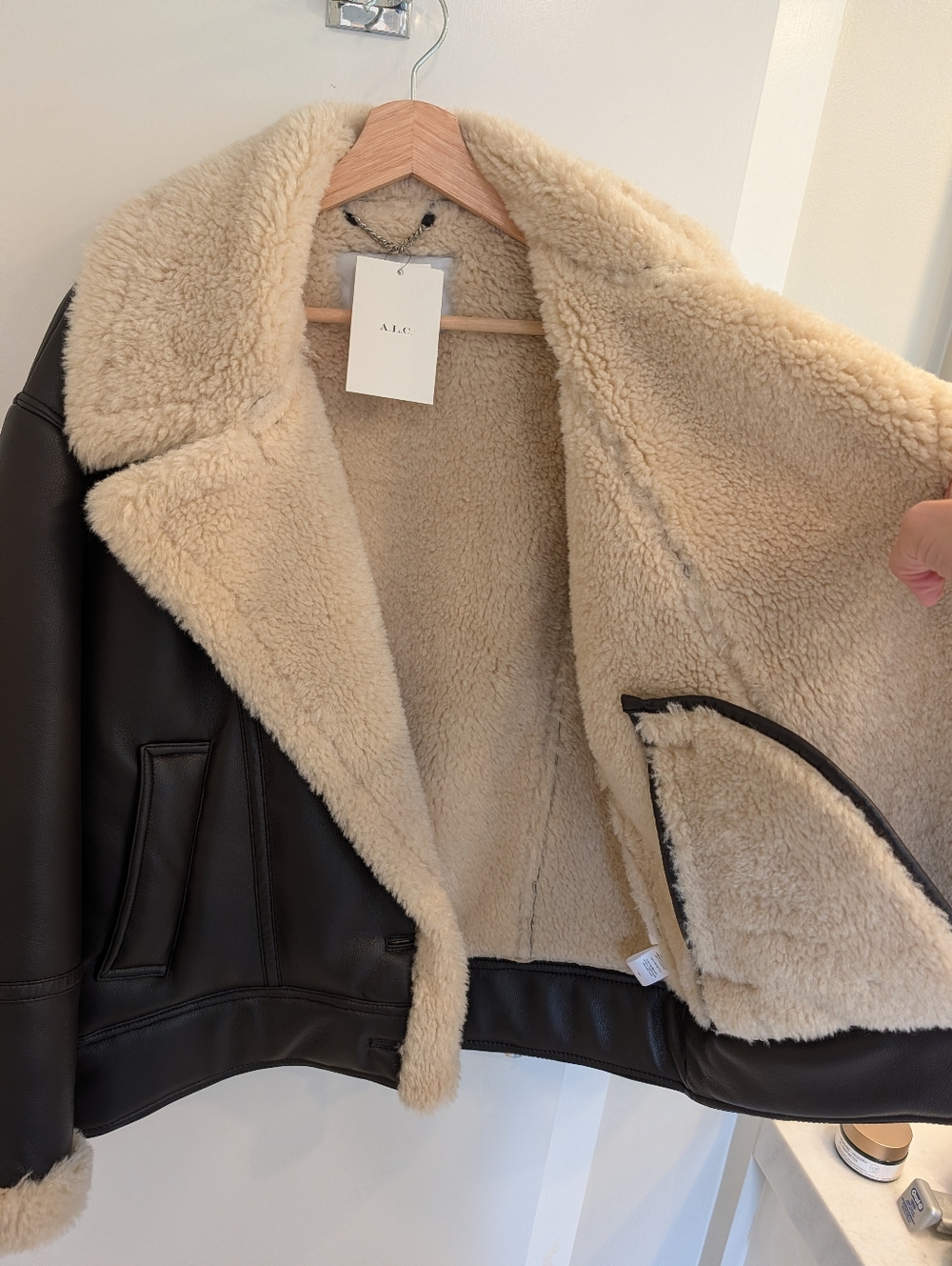 A.L.C. Dark Brown Faux Leather Jacket with Cream Shearling - Picture 4 of 4